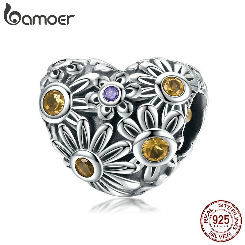 BAMOER 925 Amor de plata flor de la margarita en granos de la forma del corazón del encanto de ajustarse a las mujeres pulsera encanto de la joyería de DIY que hace SCC967