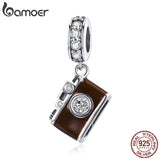 BAMOER genuino plata de ley Camara Brown esmalte colgante del encanto del encanto de la pulsera 925 encaja y Pulseras DIY joyería que hace SCC953