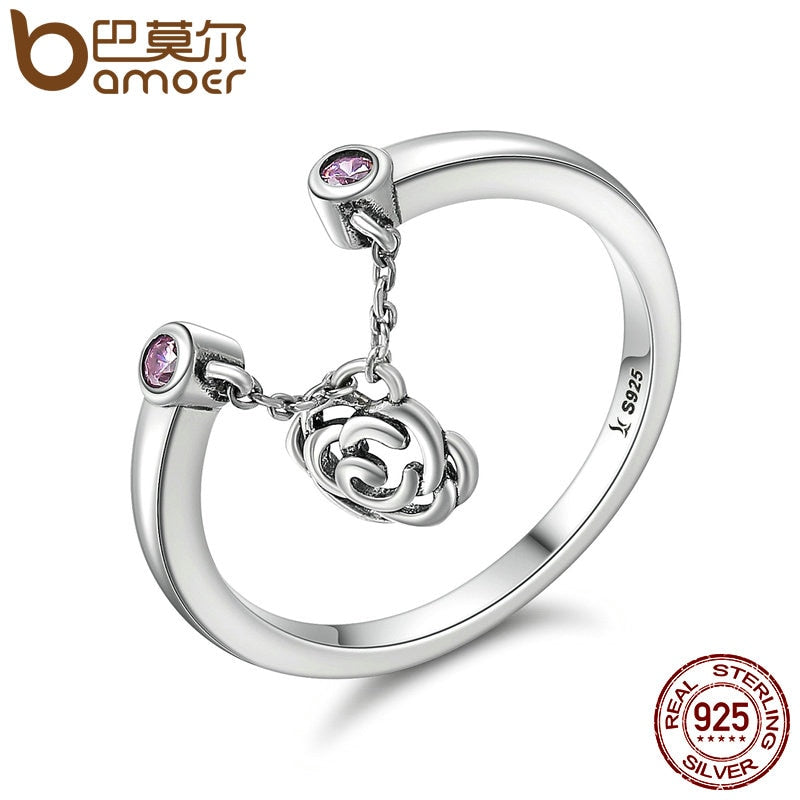 BAMOER Nuevo Diseño Auténtico 925 Flor de Plata Esterlina Rose Story Rose Anillo Cuelga Mujeres Joyería de Plata Esterlina Regalo SCR148