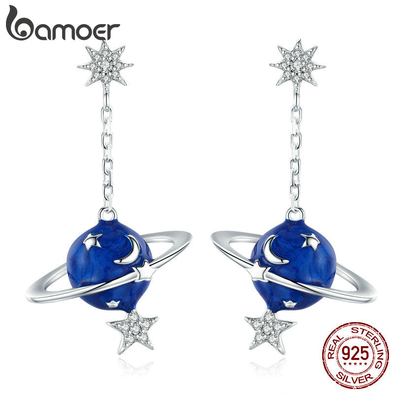 Pendientes de plata de ley 925 BAMOER Secreto Planet estrella de la luna de la Mujer Claro cúbico BSE016 circón joyería de plata esterlina