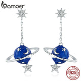 Pendientes de plata de ley 925 BAMOER Secreto Planet estrella de la luna de la Mujer Claro cúbico BSE016 circón joyería de plata esterlina