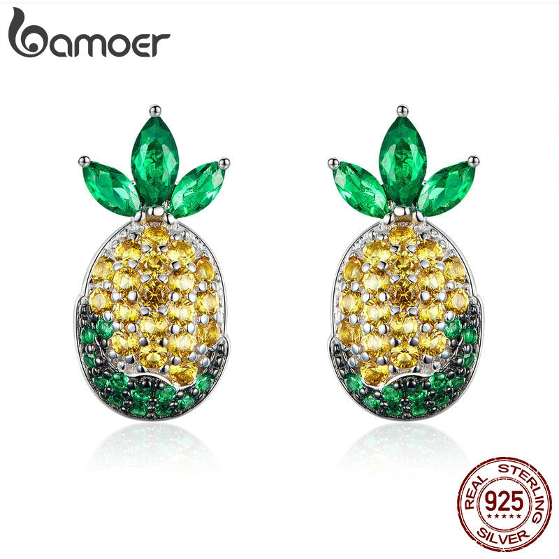 BAMOER Moda Plata de Ley 925 Piña Stud Pendientes de Verano para Mujeres Colorido Pendientes CZ Joyería de Plata Esterlina SCE530